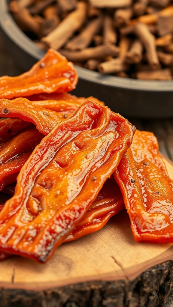 Delicious homemade pork jerky pieces on a wooden board, showcasing a rich color and texture.